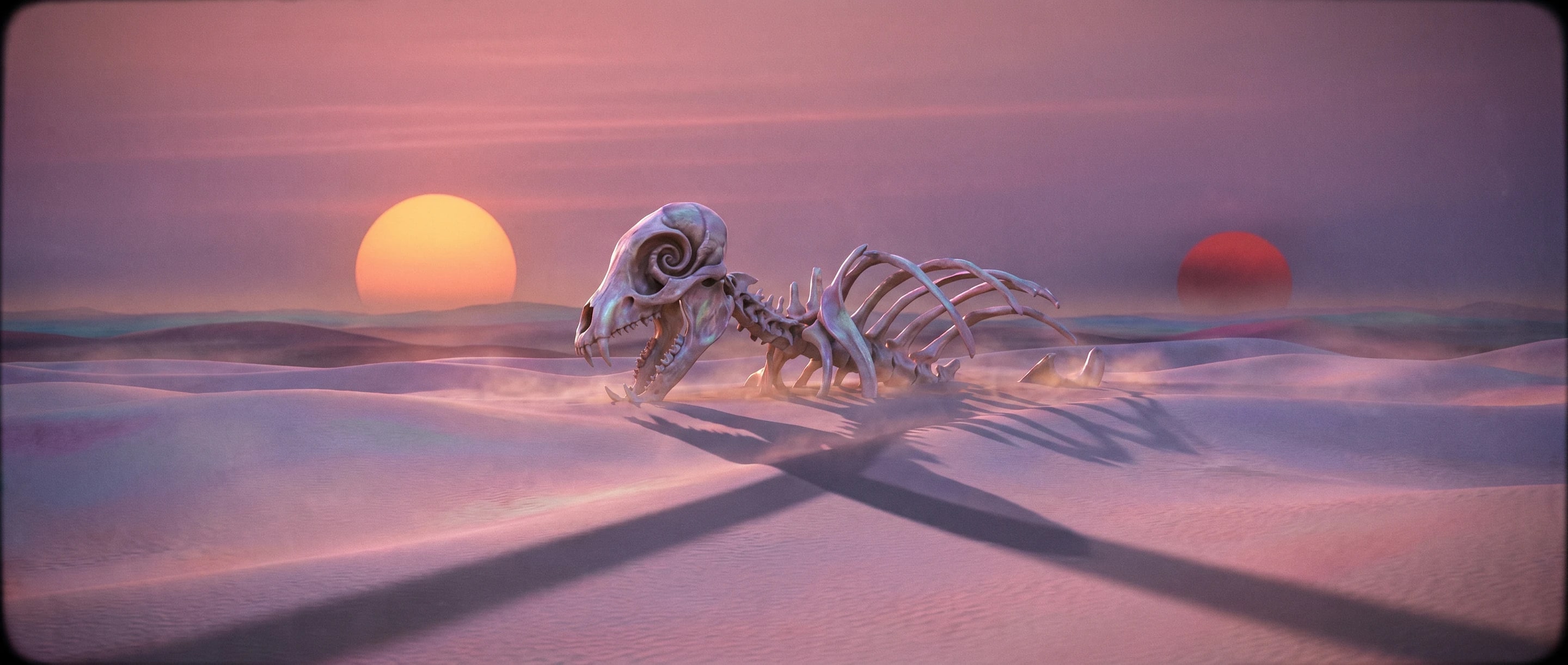 A vast alien desert at twilight under twin suns, a single colossal non-human skeleton half-buried in pearl-tinted dunes.